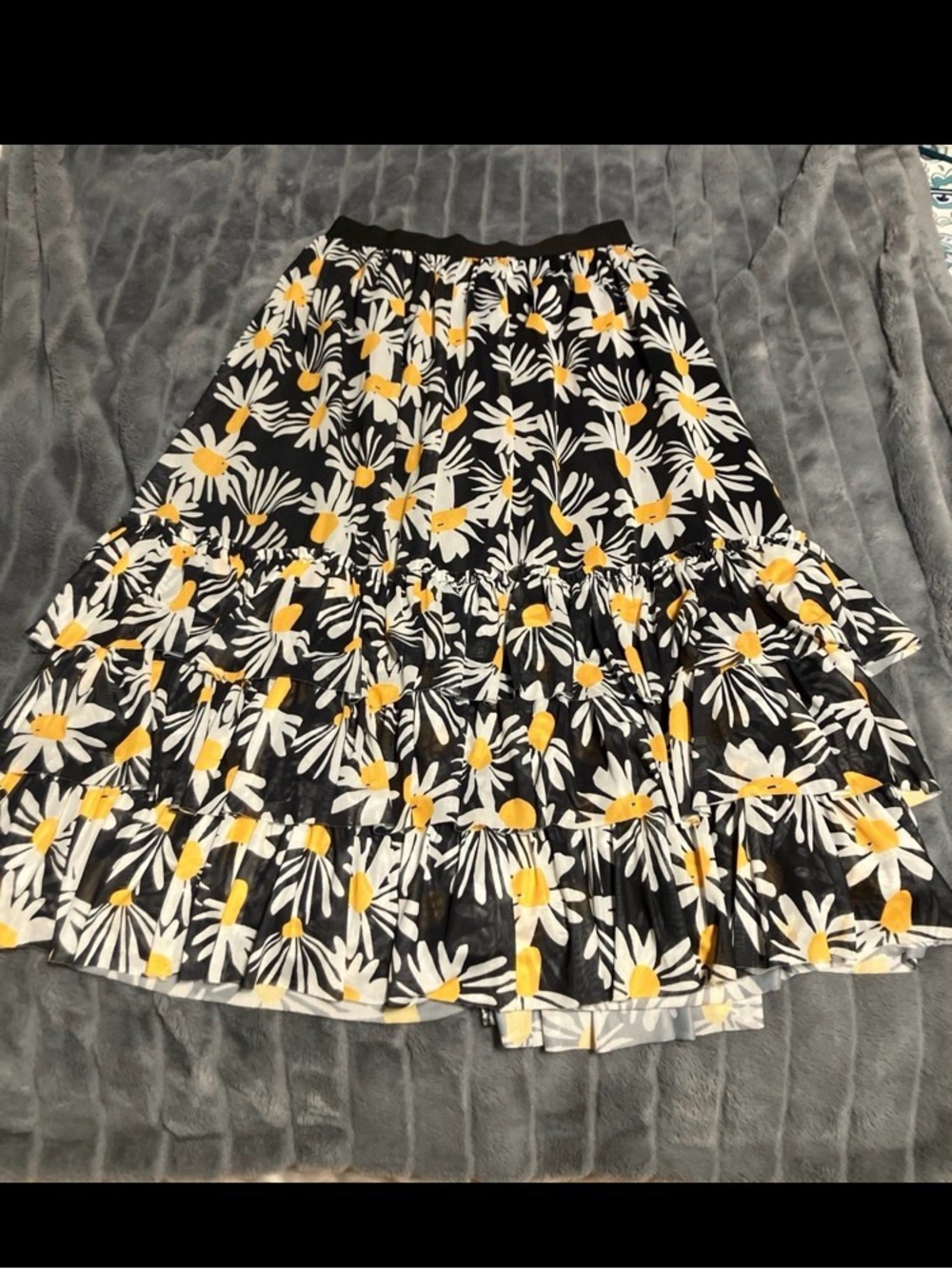 Eva Franco Black Tiered Skirt with Yellow & White Daisy Print